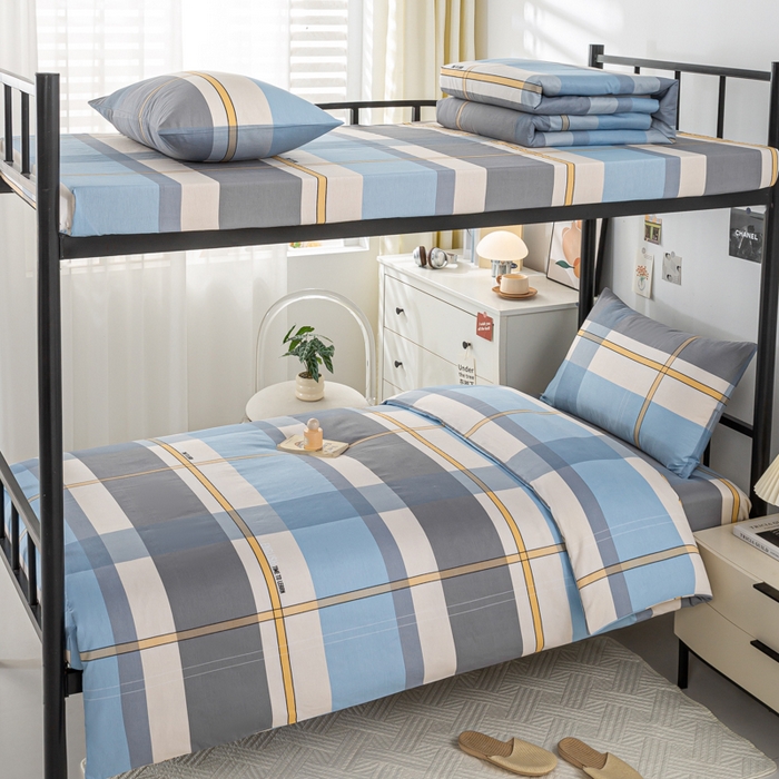 上学郎家居 2025新款全棉13070学生宿舍三件套单人床床单被套纯棉六件套学生床上用品 方格城市-兰