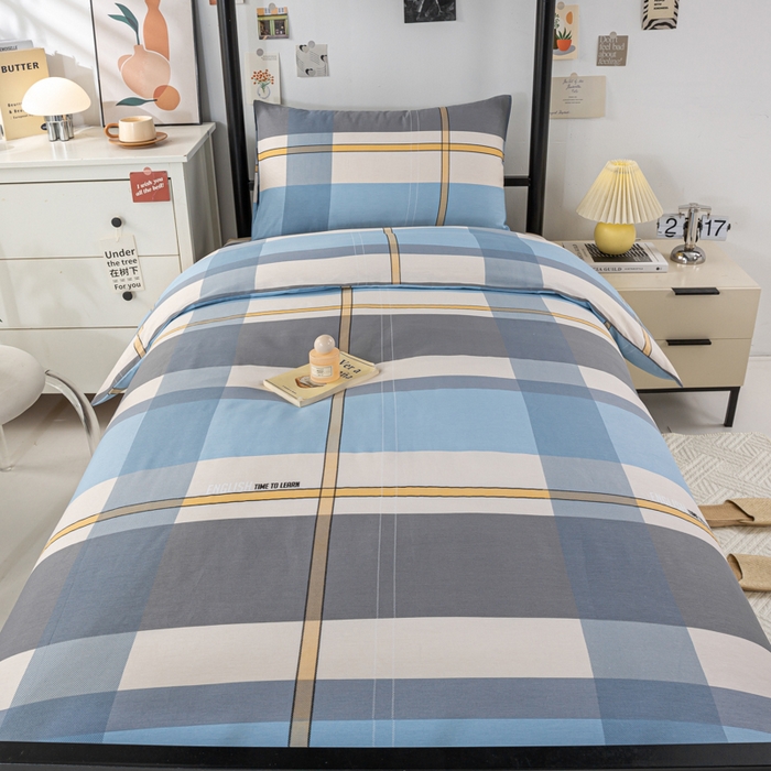 91家纺网 家纺一手货源 找家纺 上学郎家居 2025新款全棉13070学生宿舍三件套单人床床单被套纯棉六件套学生床上用品 方格城市-兰