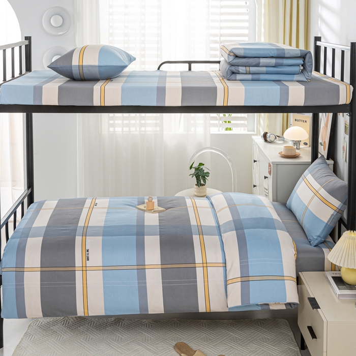 91家纺网 家纺一手货源 找家纺 上学郎家居 2025新款全棉13070学生宿舍三件套单人床床单被套纯棉六件套学生床上用品 方格城市-兰