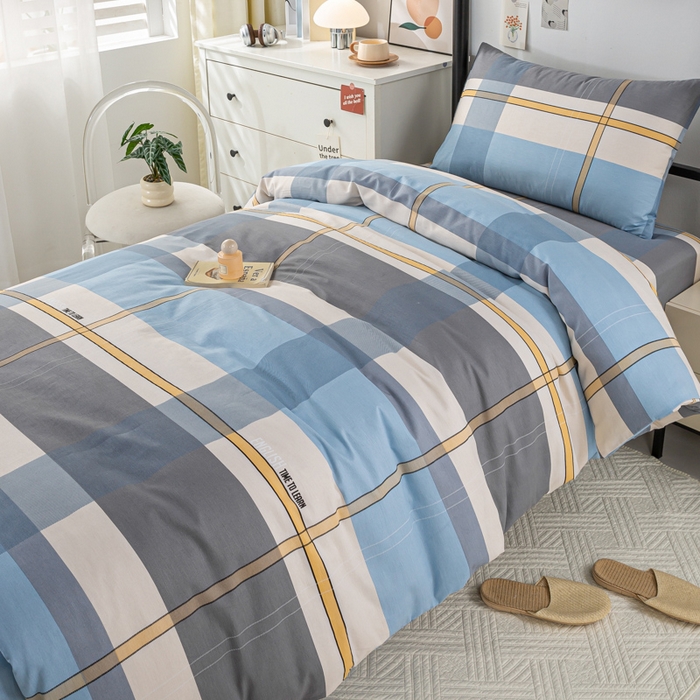 91家纺网 家纺一手货源 找家纺 上学郎家居 2025新款全棉13070学生宿舍三件套单人床床单被套纯棉六件套学生床上用品 方格城市-兰