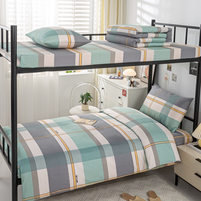 上学郎家居 2025新款全棉13070学生宿舍三件套单人床床单被套纯棉六件套学生床上用品 方格城市-绿