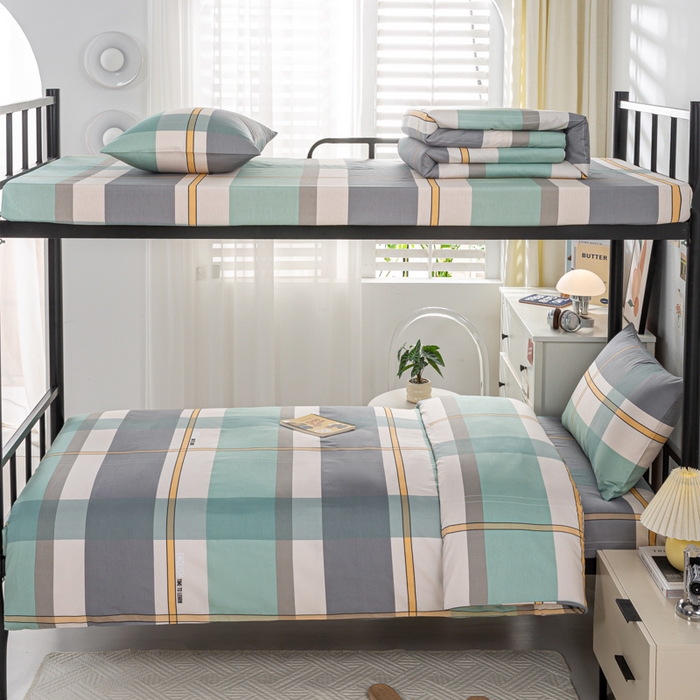 91家纺网 家纺一手货源 找家纺 上学郎家居 2025新款全棉13070学生宿舍三件套单人床床单被套纯棉六件套学生床上用品 方格城市-绿