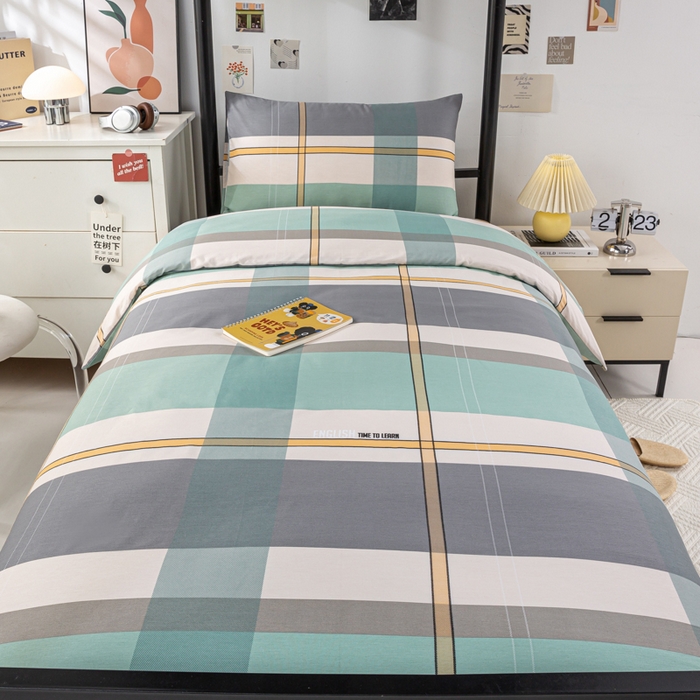 91家纺网 家纺一手货源 找家纺 上学郎家居 2025新款全棉13070学生宿舍三件套单人床床单被套纯棉六件套学生床上用品 方格城市-绿