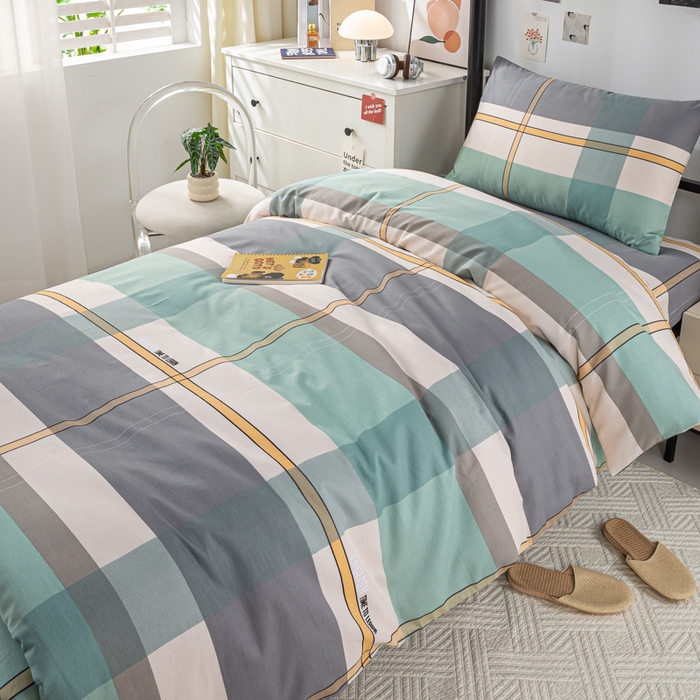 91家纺网 家纺一手货源 找家纺 上学郎家居 2025新款全棉13070学生宿舍三件套单人床床单被套纯棉六件套学生床上用品 方格城市-绿