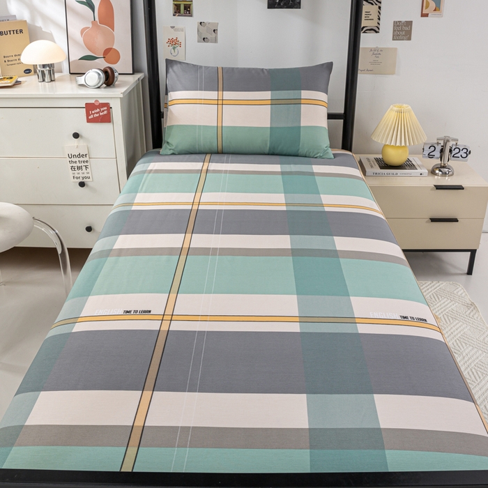 91家纺网 家纺一手货源 找家纺 上学郎家居 2025新款全棉13070学生宿舍三件套单人床床单被套纯棉六件套学生床上用品 方格城市-绿