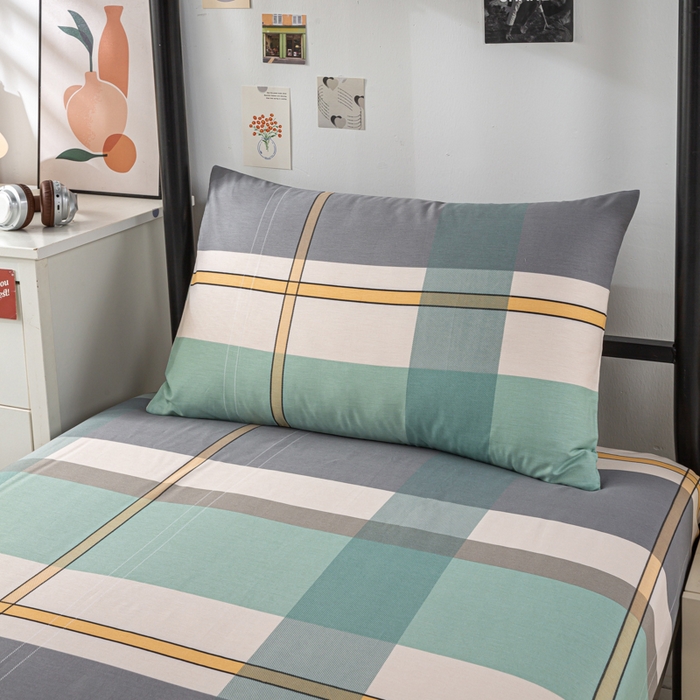 91家纺网 家纺一手货源 找家纺 上学郎家居 2025新款全棉13070学生宿舍三件套单人床床单被套纯棉六件套学生床上用品 方格城市-绿