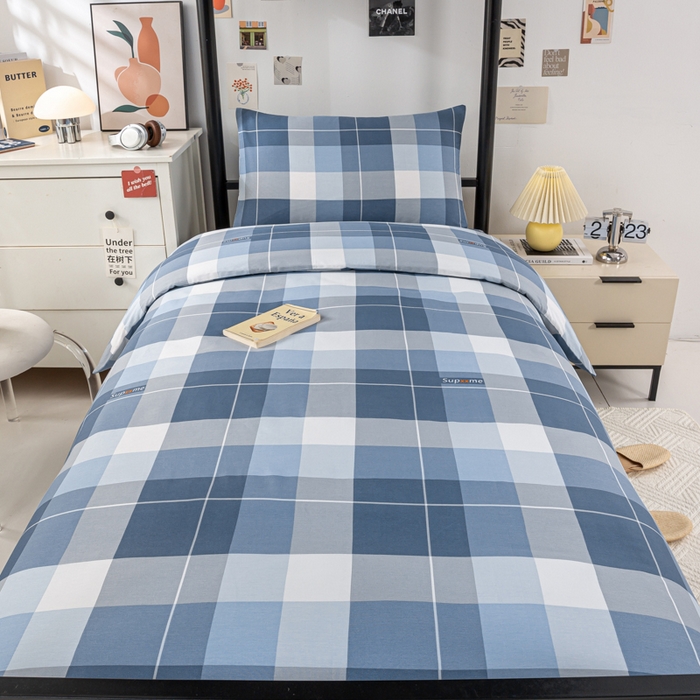 91家纺网 家纺一手货源 找家纺 上学郎家居 2025新款全棉13070学生宿舍三件套单人床床单被套纯棉六件套学生床上用品 风的印记-蓝