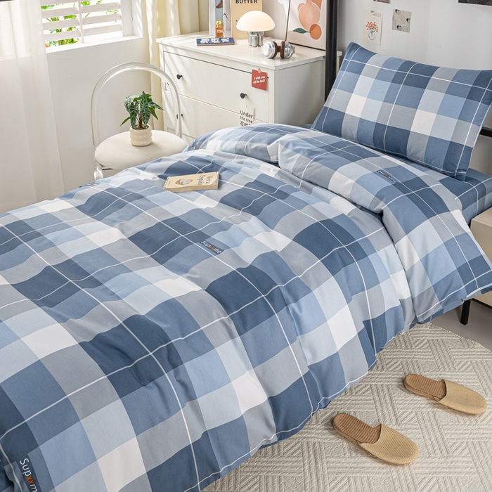 91家纺网 家纺一手货源 找家纺 上学郎家居 2025新款全棉13070学生宿舍三件套单人床床单被套纯棉六件套学生床上用品 风的印记-蓝