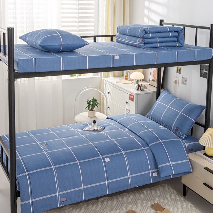 上学郎家居 2025新款全棉13070学生宿舍三件套单人床床单被套纯棉六件套学生床上用品 格韵-蓝