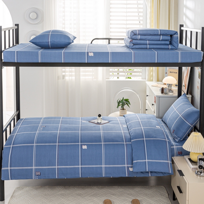 91家纺网 家纺一手货源 找家纺 上学郎家居 2025新款全棉13070学生宿舍三件套单人床床单被套纯棉六件套学生床上用品 格韵-蓝