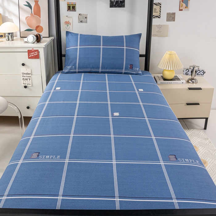 91家纺网 家纺一手货源 找家纺 上学郎家居 2025新款全棉13070学生宿舍三件套单人床床单被套纯棉六件套学生床上用品 格韵-蓝