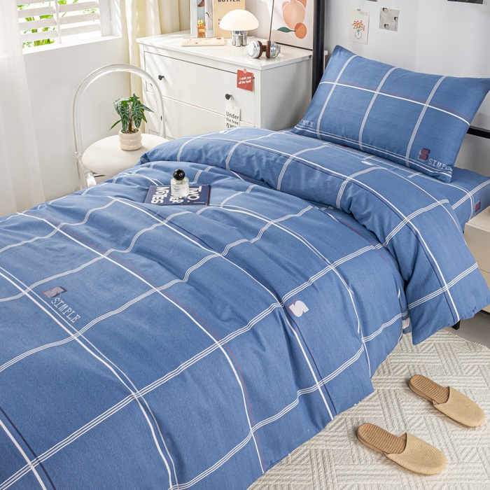 91家纺网 家纺一手货源 找家纺 上学郎家居 2025新款全棉13070学生宿舍三件套单人床床单被套纯棉六件套学生床上用品 格韵-蓝