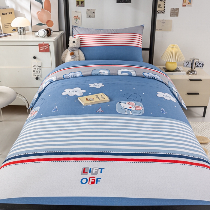 91家纺网 家纺一手货源 找家纺 上学郎家居 2025新款全棉13070学生宿舍三件套单人床床单被套纯棉六件套学生床上用品 快乐星球