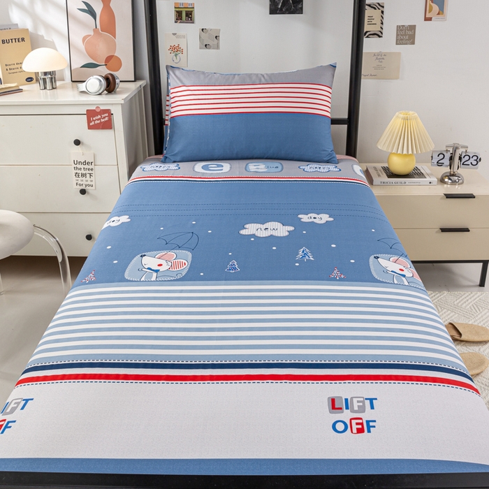 91家纺网 家纺一手货源 找家纺 上学郎家居 2025新款全棉13070学生宿舍三件套单人床床单被套纯棉六件套学生床上用品 快乐星球