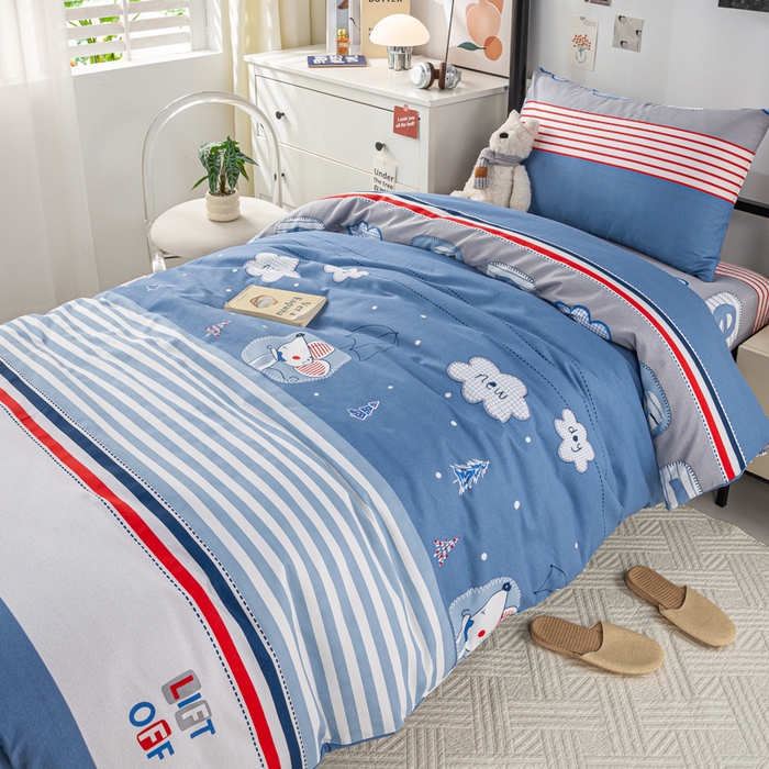 91家纺网 家纺一手货源 找家纺 上学郎家居 2025新款全棉13070学生宿舍三件套单人床床单被套纯棉六件套学生床上用品 快乐星球