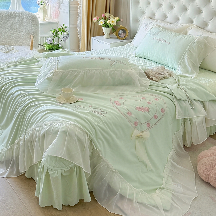 宅家居 2025新款法式花边浪漫花卉爱心刺绣绗绣床盖夏被夏凉被空调被四件套-玫瑰之恋 玫瑰之恋-水绿