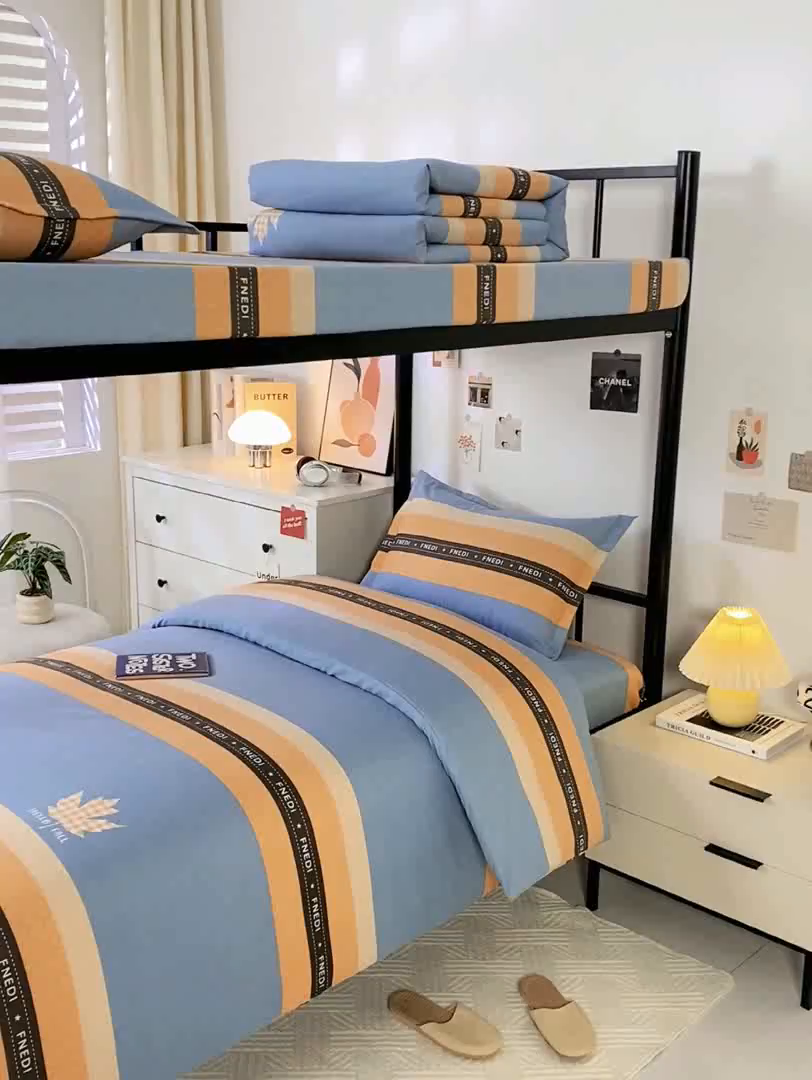 91家纺网 家纺一手货源 找家纺 上学郎家居 2025新款全棉学生宿舍三件套单人床床单被套纯棉六件套学生三件套床上用品 复古枫叶-蓝