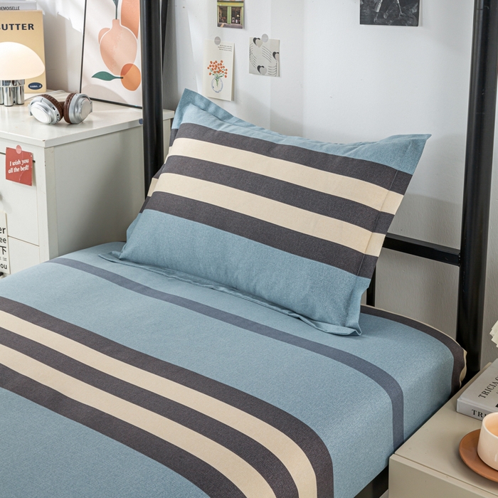 91家纺网 家纺一手货源 找家纺 上学郎家居 2025新款全棉学生宿舍三件套单人床床单被套纯棉六件套学生三件套床上用品 极简格调-蓝