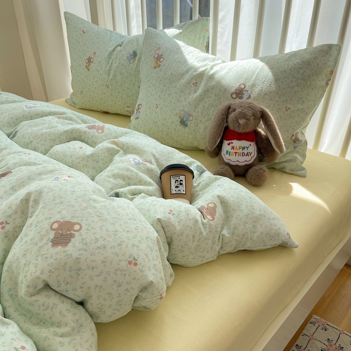 91家纺网 家纺一手货源 找家纺 XIWEN-希文家纺 2025新款A类全棉纯棉有氧双层纱四件套 少女象-绿