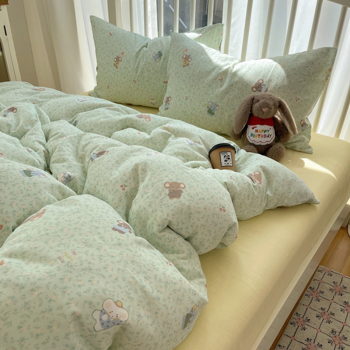 91家纺网 家纺一手货源 找家纺 XIWEN-希文家纺 2025新款A类全棉纯棉有氧双层纱四件套 少女象-绿