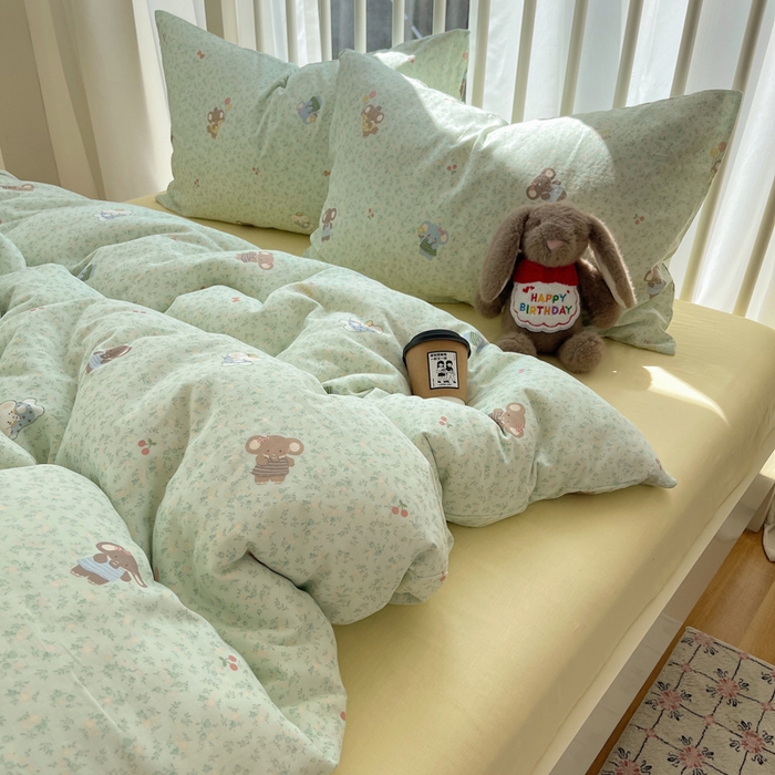 91家纺网 家纺一手货源 找家纺 XIWEN-希文家纺 2025新款A类全棉纯棉有氧双层纱四件套 少女象-绿