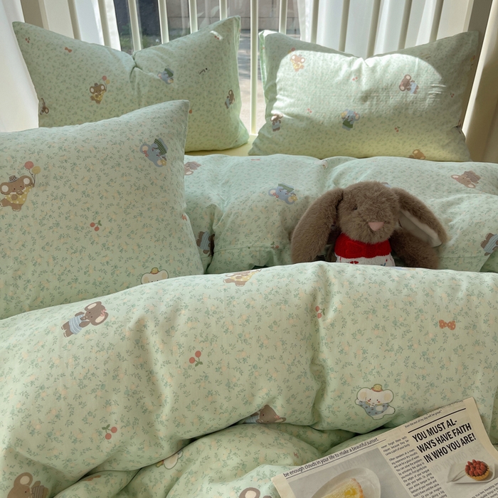 91家纺网 家纺一手货源 找家纺 XIWEN-希文家纺 2025新款A类全棉纯棉有氧双层纱四件套 少女象-绿