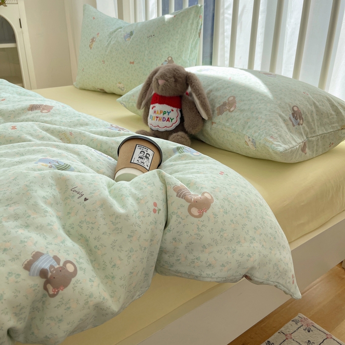 91家纺网 家纺一手货源 找家纺 XIWEN-希文家纺 2025新款A类全棉纯棉有氧双层纱四件套 少女象-绿