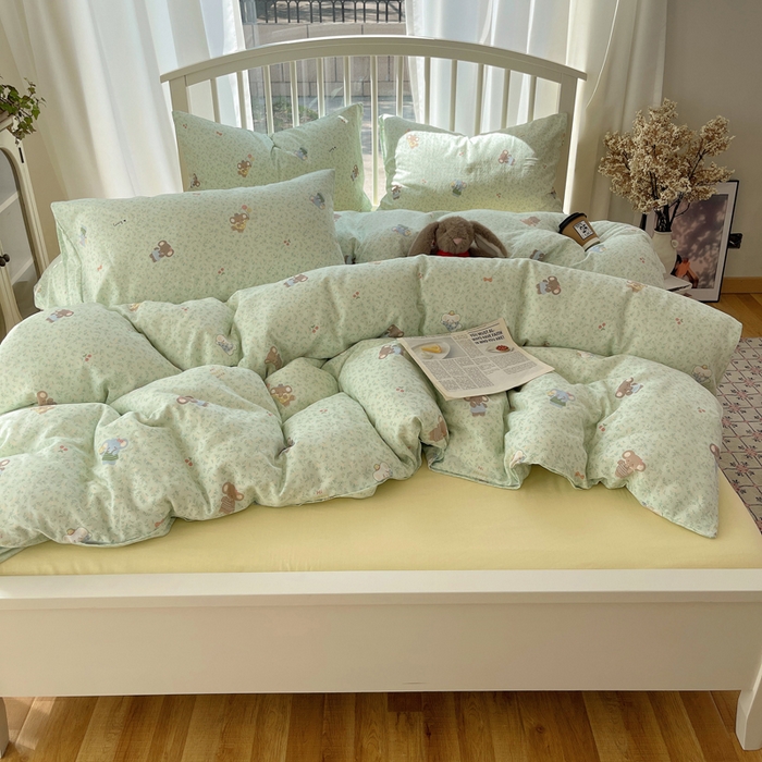 91家纺网 家纺一手货源 找家纺 XIWEN-希文家纺 2025新款A类全棉纯棉有氧双层纱四件套 少女象-绿