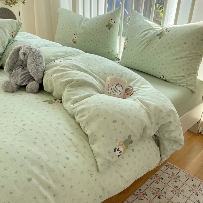 91家纺网 家纺一手货源 找家纺 XIWEN-希文家纺 2025新款A类全棉纯棉有氧双层纱四件套 功夫熊猫