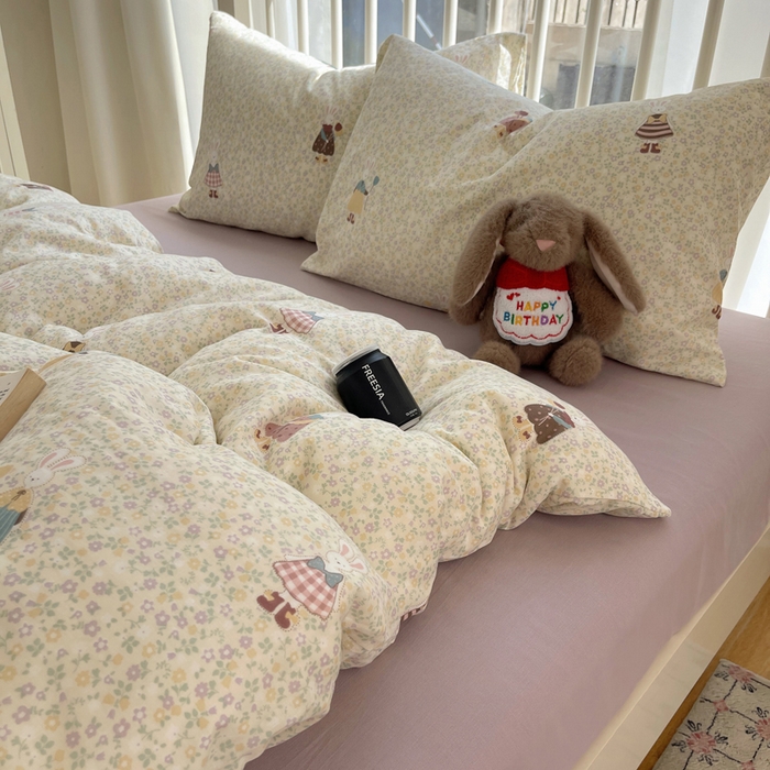 91家纺网 家纺一手货源 找家纺 XIWEN-希文家纺 2025新款A类全棉纯棉有氧双层纱四件套 元素小兔