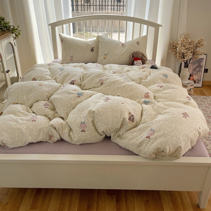 91家纺网 家纺一手货源 找家纺 XIWEN-希文家纺 2025新款A类全棉纯棉有氧双层纱四件套 元素小兔