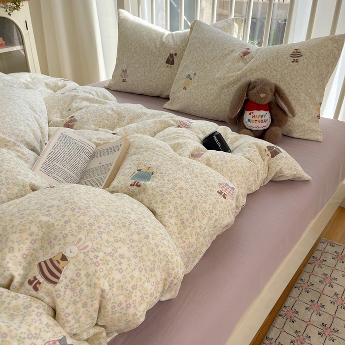 91家纺网 家纺一手货源 找家纺 XIWEN-希文家纺 2025新款A类全棉纯棉有氧双层纱四件套 元素小兔