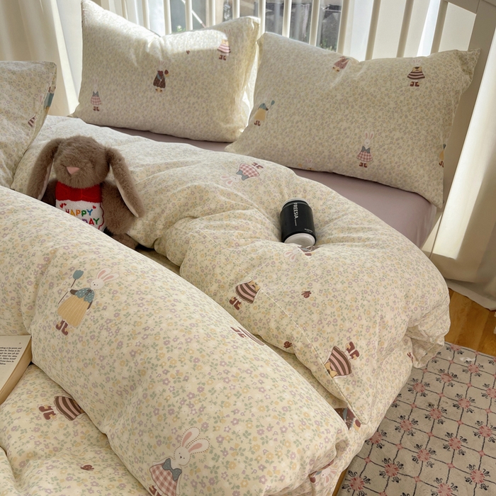 91家纺网 家纺一手货源 找家纺 XIWEN-希文家纺 2025新款A类全棉纯棉有氧双层纱四件套 元素小兔