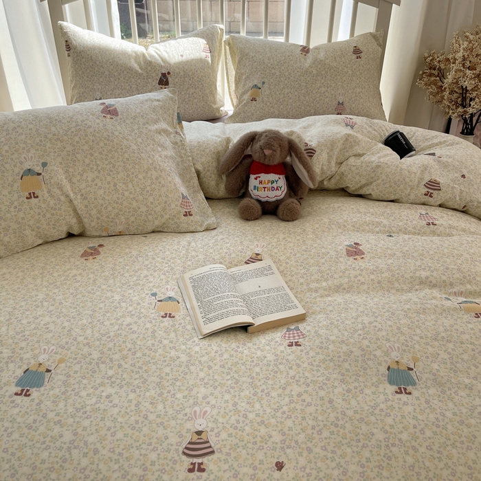 91家纺网 家纺一手货源 找家纺 XIWEN-希文家纺 2025新款A类全棉纯棉有氧双层纱四件套 元素小兔