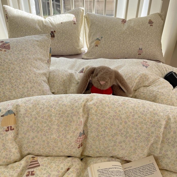 91家纺网 家纺一手货源 找家纺 XIWEN-希文家纺 2025新款A类全棉纯棉有氧双层纱四件套 元素小兔