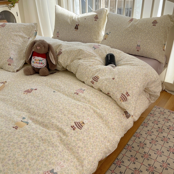 91家纺网 家纺一手货源 找家纺 XIWEN-希文家纺 2025新款A类全棉纯棉有氧双层纱四件套 元素小兔