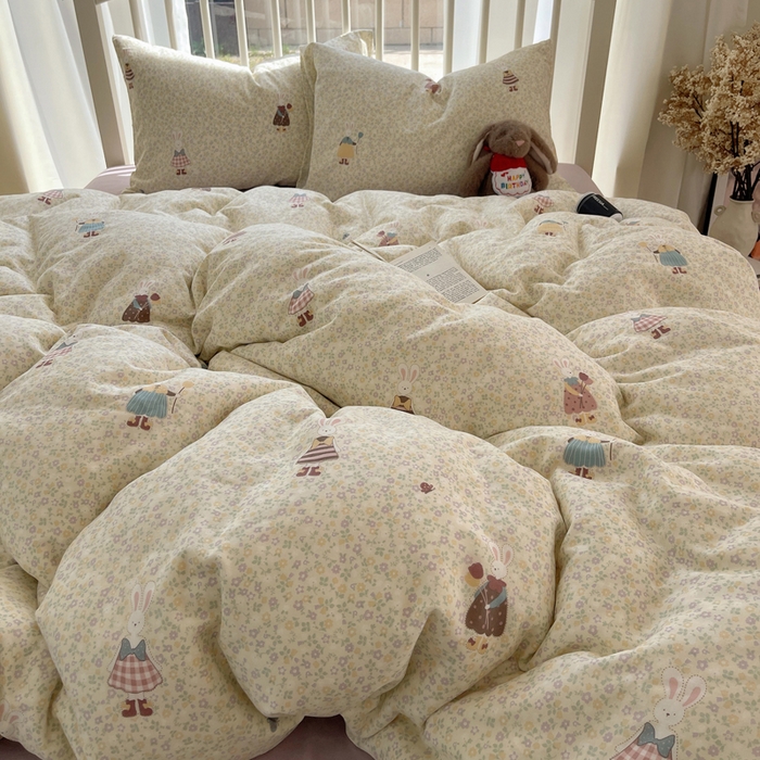 91家纺网 家纺一手货源 找家纺 XIWEN-希文家纺 2025新款A类全棉纯棉有氧双层纱四件套 元素小兔