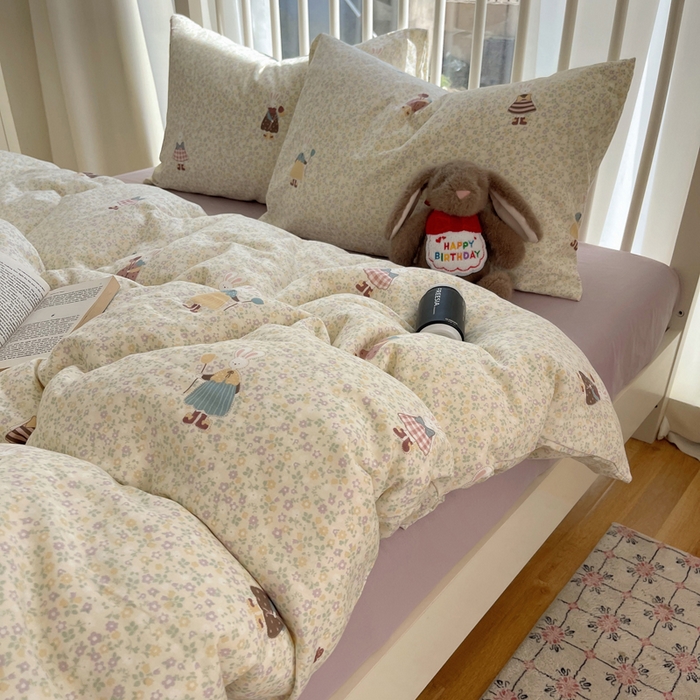 91家纺网 家纺一手货源 找家纺 XIWEN-希文家纺 2025新款A类全棉纯棉有氧双层纱四件套 元素小兔