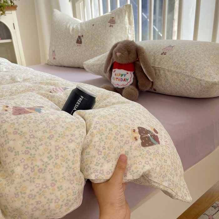 91家纺网 家纺一手货源 找家纺 XIWEN-希文家纺 2025新款A类全棉纯棉有氧双层纱四件套 元素小兔