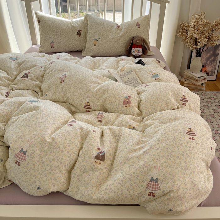 91家纺网 家纺一手货源 找家纺 XIWEN-希文家纺 2025新款A类全棉纯棉有氧双层纱四件套 元素小兔