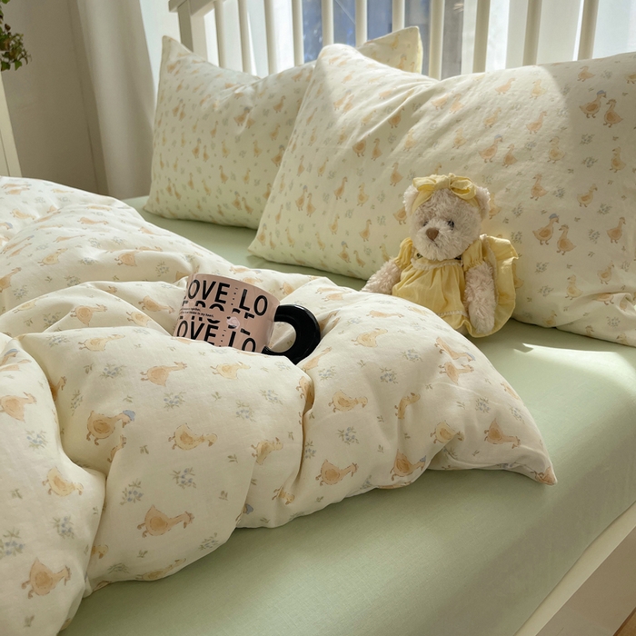 91家纺网 家纺一手货源 找家纺 XIWEN-希文家纺 2025新款A类全棉纯棉有氧双层纱四件套 可爱鸭