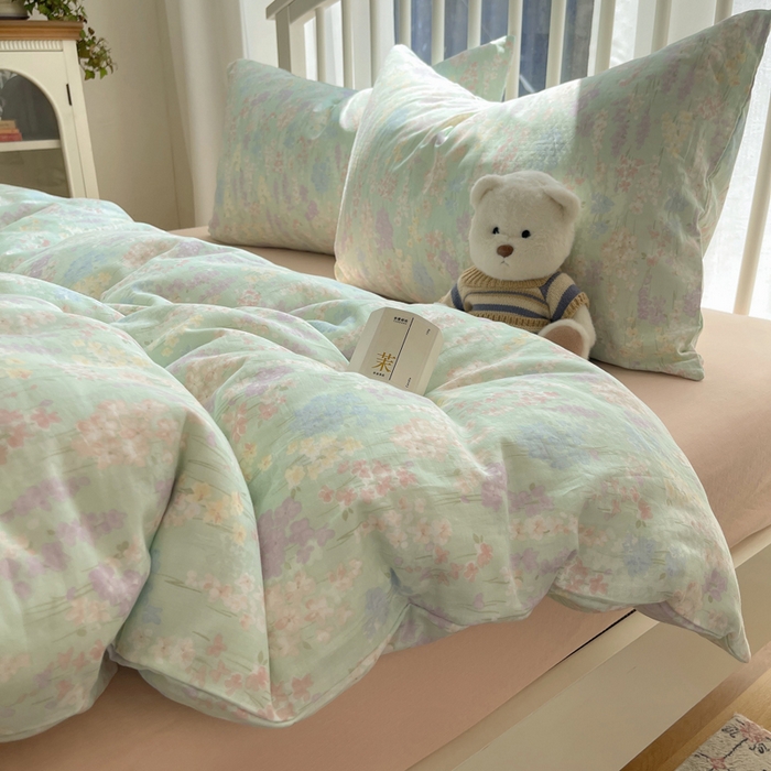 91家纺网 家纺一手货源 找家纺 XIWEN-希文家纺 2025新款A类全棉纯棉有氧双层纱四件套 艺朵-绿