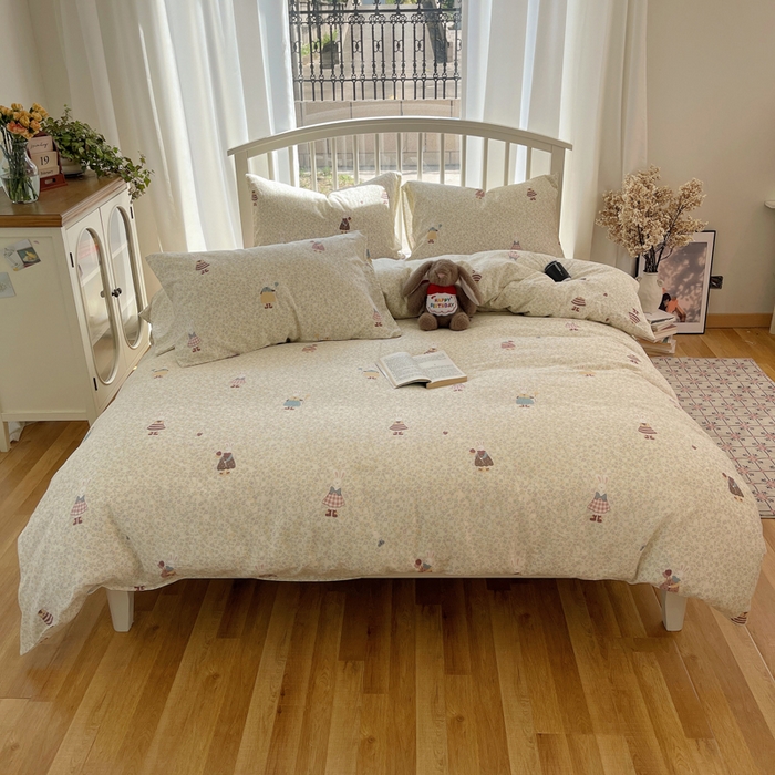 91家纺网 家纺一手货源 找家纺 XIWEN-希文家纺 2025新款A类全棉纯棉有氧双层纱四件套 元素小兔