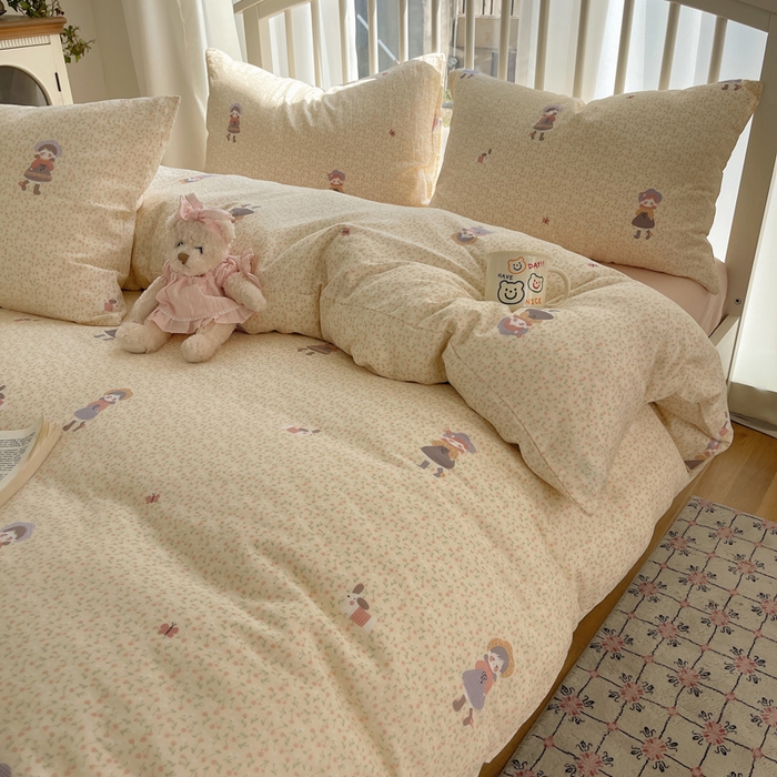 91家纺网 家纺一手货源 找家纺 XIWEN-希文家纺 2025新款A类全棉纯棉有氧双层纱四件套 春日女孩