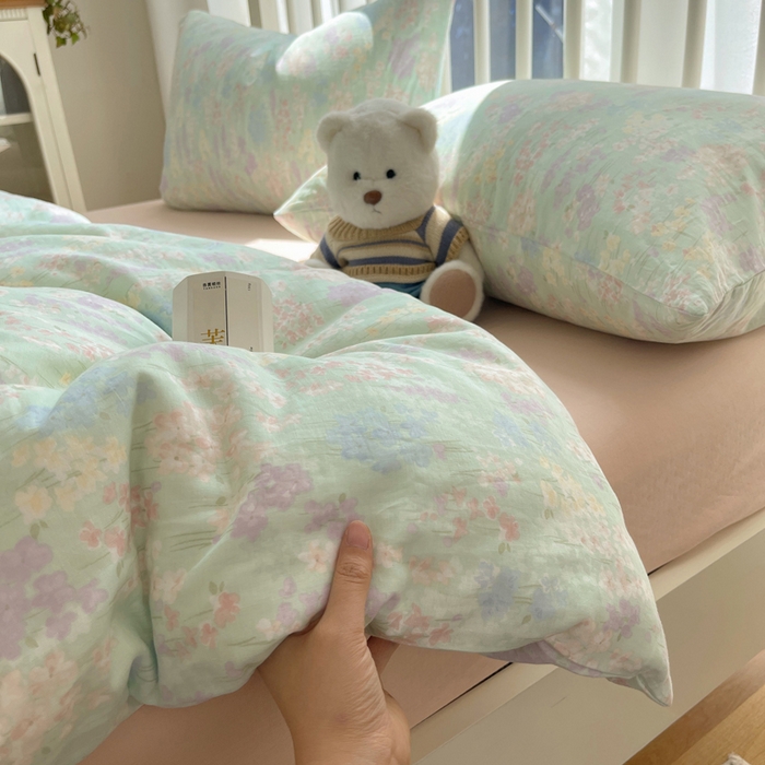 91家纺网 家纺一手货源 找家纺 XIWEN-希文家纺 2025新款A类全棉纯棉有氧双层纱四件套 艺朵-绿