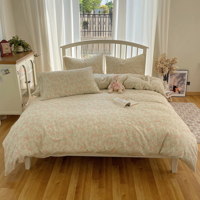 91家纺网 家纺一手货源 找家纺 XIWEN-希文家纺 2025新款A类全棉纯棉有氧双层纱四件套 玫瑰故事-绿