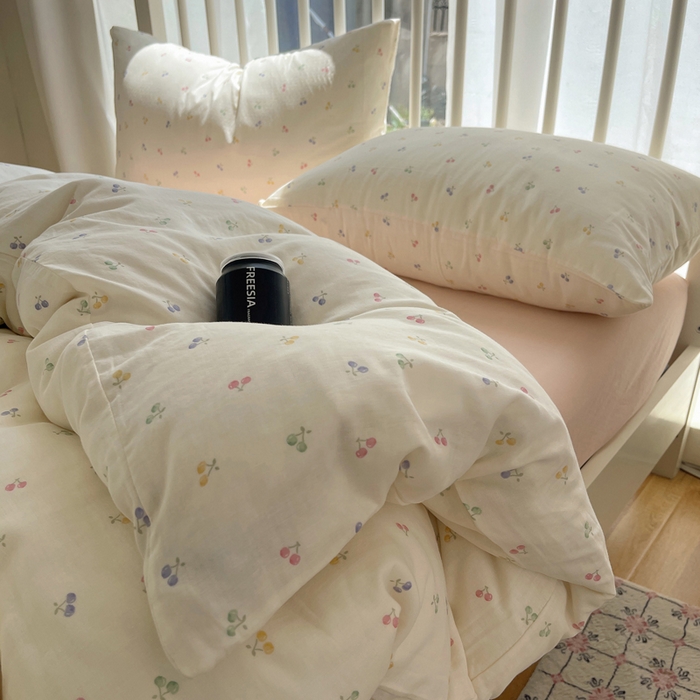 91家纺网 家纺一手货源 找家纺 XIWEN-希文家纺 2025新款A类全棉纯棉有氧双层纱四件套 水果樱桃