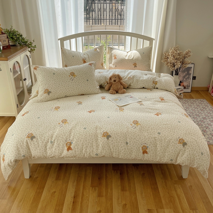 91家纺网 家纺一手货源 找家纺 XIWEN-希文家纺 2025新款A类全棉纯棉有氧双层纱四件套 萌萌狮