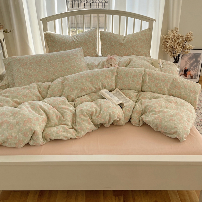 91家纺网 家纺一手货源 找家纺 XIWEN-希文家纺 2025新款A类全棉纯棉有氧双层纱四件套 玫瑰故事-绿