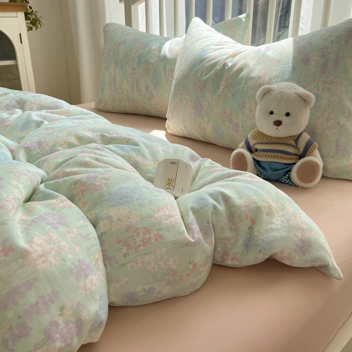 91家纺网 家纺一手货源 找家纺 XIWEN-希文家纺 2025新款A类全棉纯棉有氧双层纱四件套 艺朵-绿